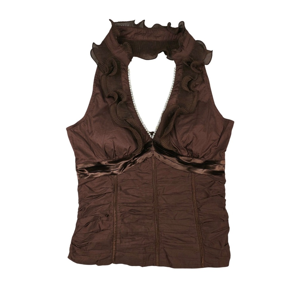 Oh YES Halter Top Women L Brown Y2K Ruffle Rhinestone Ruched Smocked Back NWOT